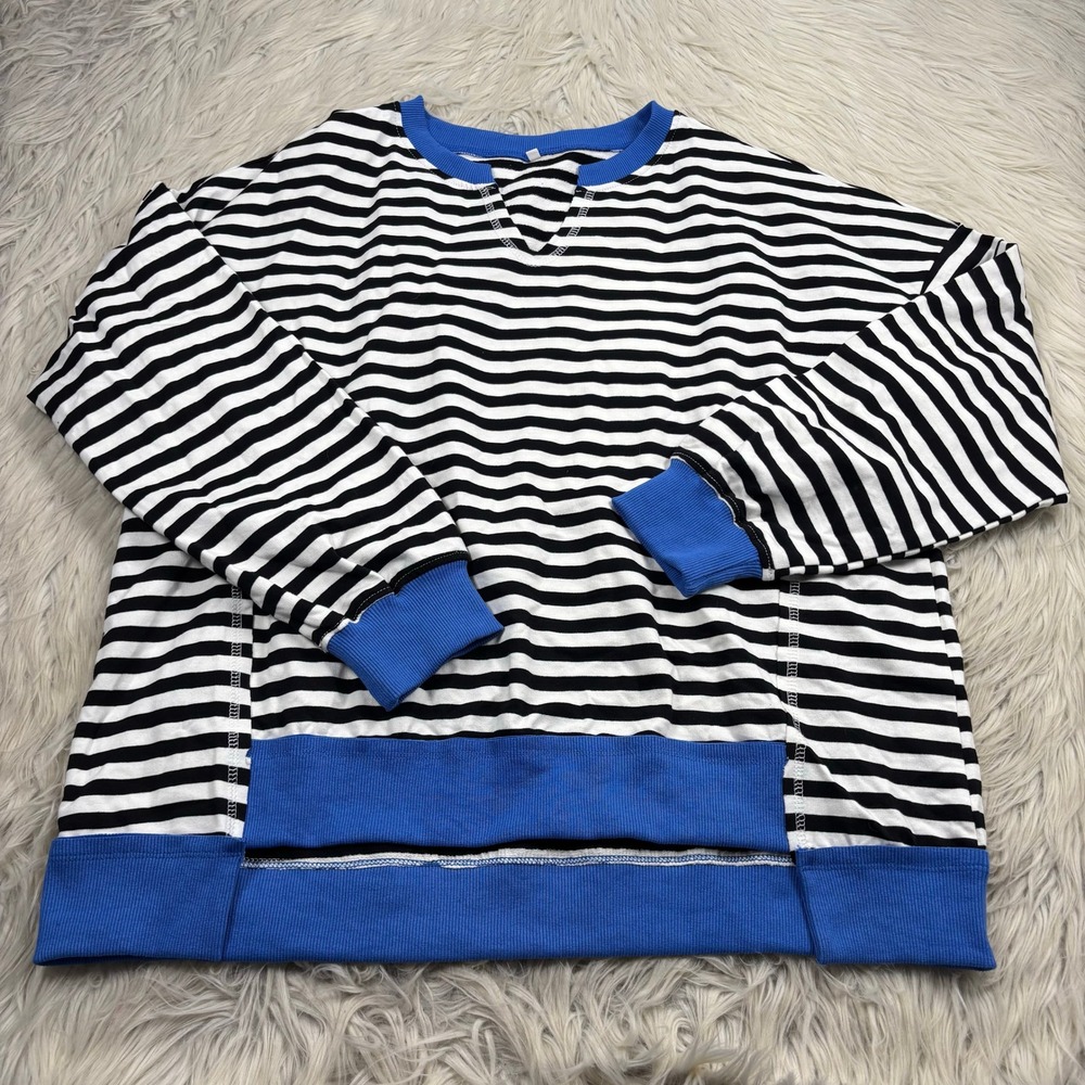 Unbranded Women's L Black White Striped Blue Trimmed Terry Sweatshirt Artsy Boho